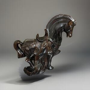 Beautiful Mid-Century Iridescent Brown Trojan Parade Horse Ceramic Statue.